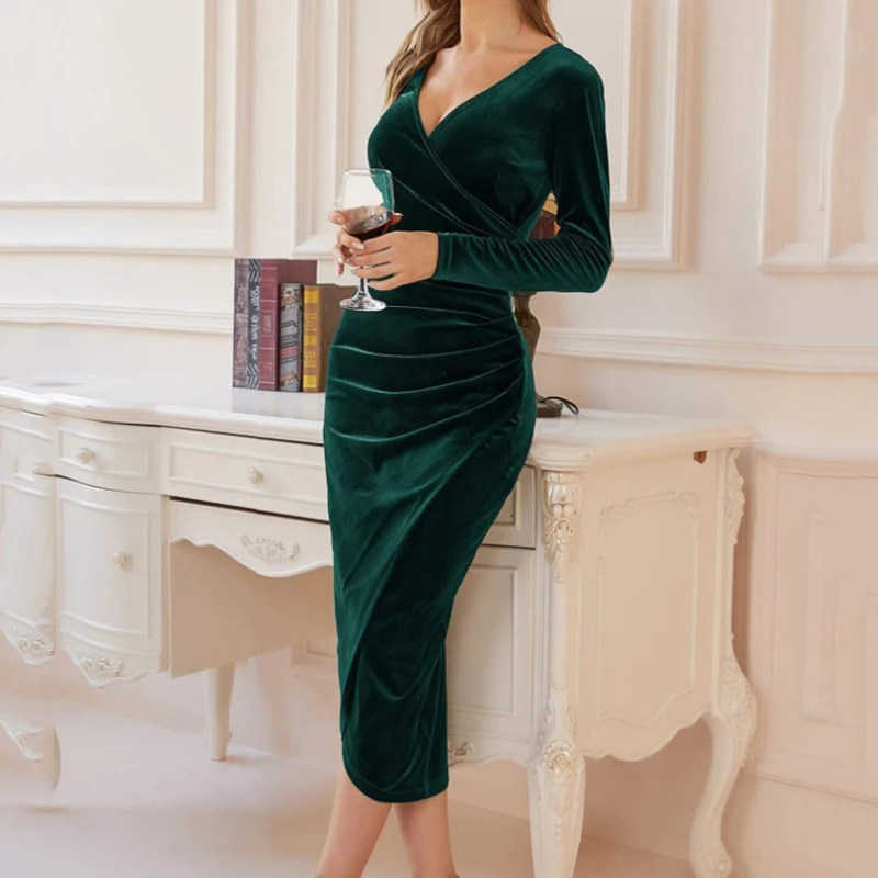 Women Elegant Solid Color Bodycon Dresses Autumn Fashion V-Neck Party Dress Lady Spring Casual Long Sleeve Dress Vestidos