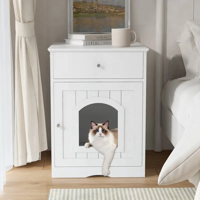 

Cat House Litter Box Enclosure Pet Side Table with Drawer - White