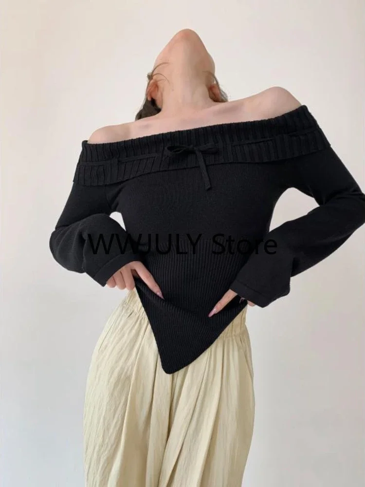 Женский трикотажный свитер с открытыми плечами повседневный Асимметричный