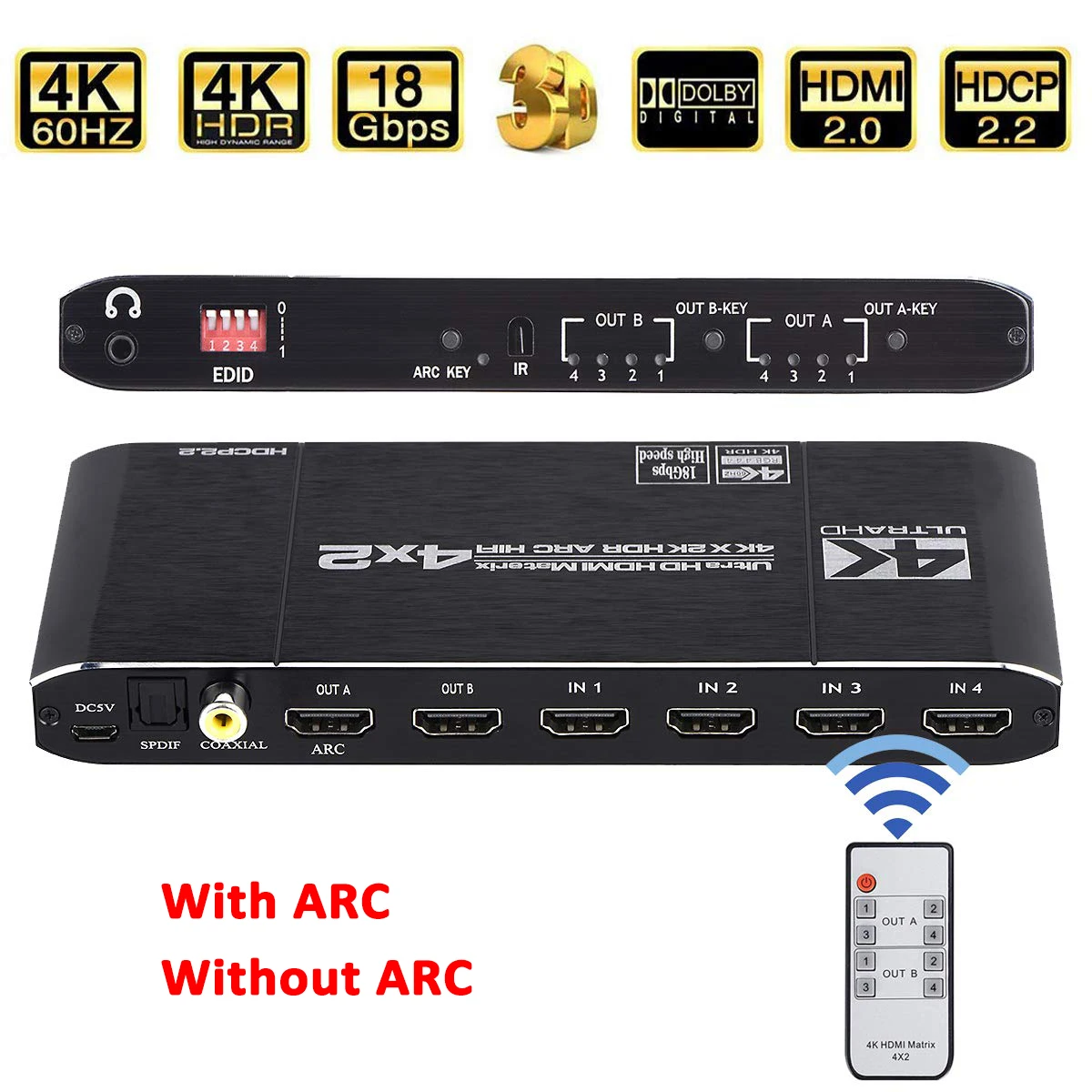 

18.5 Gbps 4K@60Hz HDMI-compatible Matrix 4x2 HDTV 2.0b Switch Splitter with SPDIF and L/R 3.5mm HDR 4x2 Support HDCP 2.2 3D