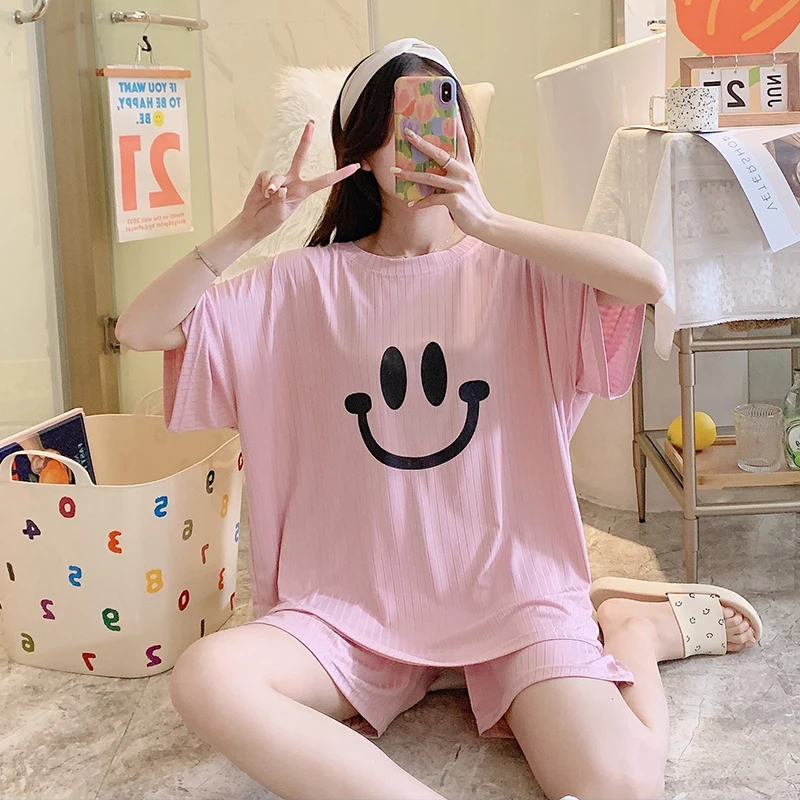 Pajamas Women's Summer New Round Neck Printing Two-piece Korean Version Loose Plus Fertilizer To Increase Home Wear