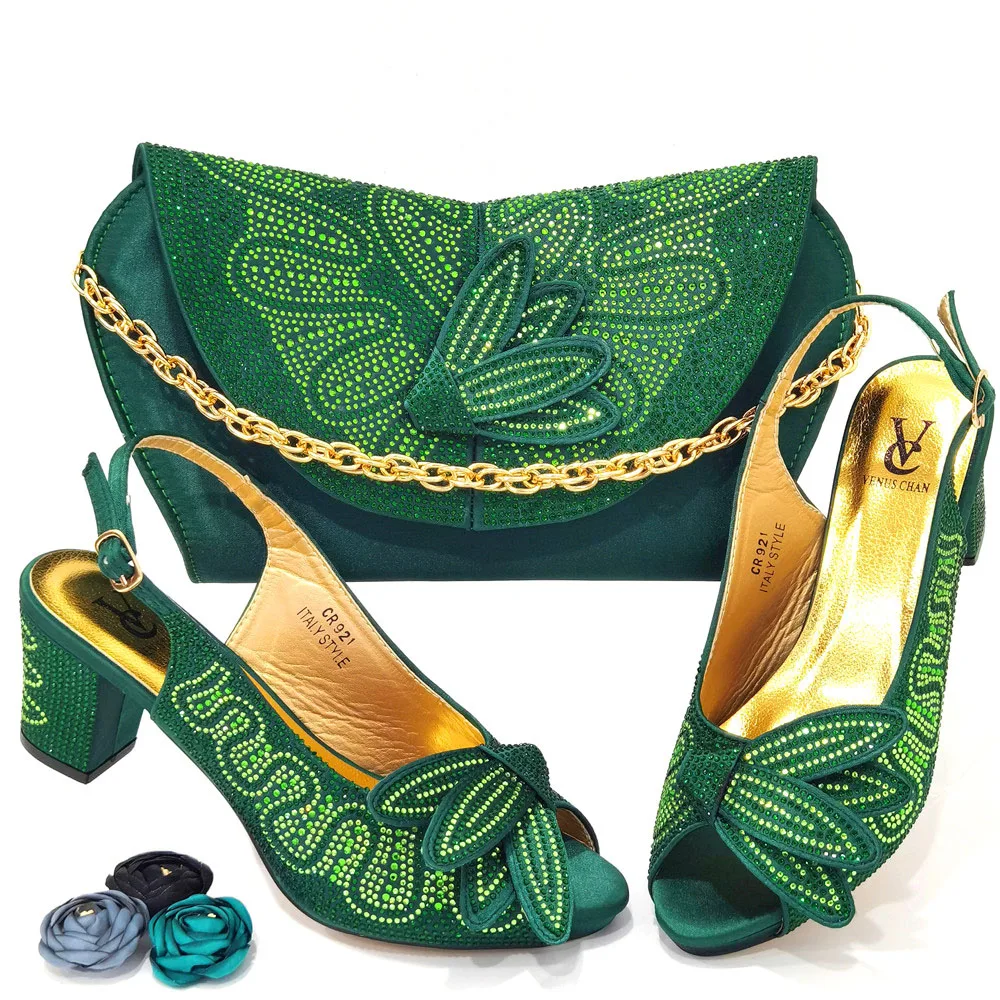 

New Green Popular In Nigerian Designer Pointed Elegant Women For Royal Wedding Shoes And Mataching Bag Set of High Heels