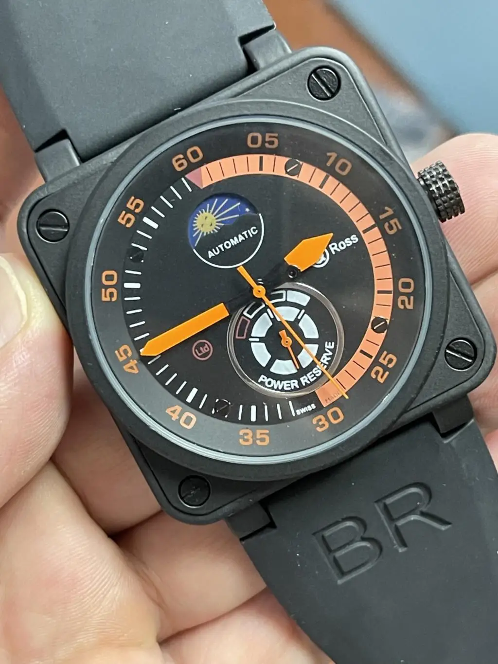 

BR Original Brand Mens Watch Black Rubber Bell Mechanical Automatic LIMITED EDITION AVIATION Day Power Reserve MoonPhase Clocks