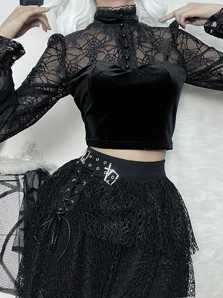 Goth Dark элегантные винтажные женские блузки в готическом стиле гранж бархатные с