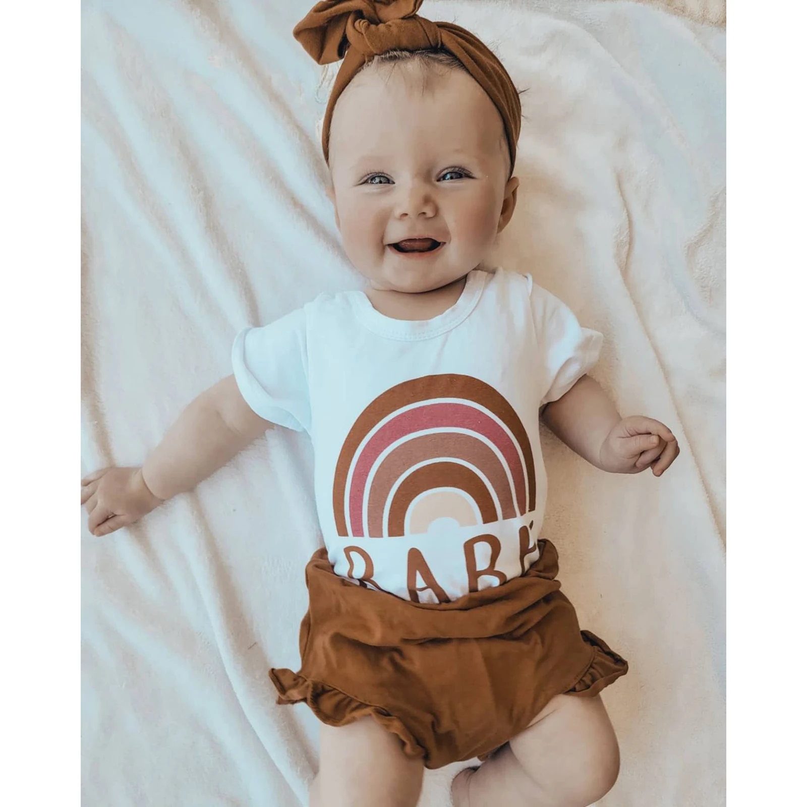 

Baby Girls Clothes Set Kids Short Sleeve Rainbow Print Romper Ruffled Shorts with Hairband Summer Fashion Suit