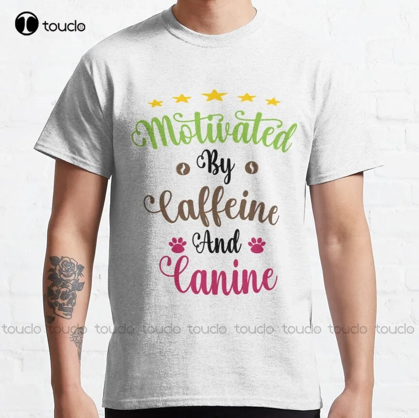 

Motivated By Caffeine And Canine - Funny Coffee And Dogs Lovers Classic T-Shirt White Undershirts Men Custom Gift Xs-5Xl Retro
