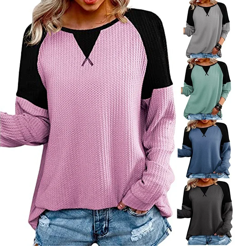 

Fashion Waffle Patchwork O-Neck T-shirt Women Top Tee Raglan Sleeve Long Sleeve Women Clothing Harajuku Woman Tshirts Clothes