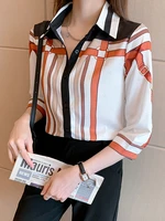striped print autumn women shirt blouse half sleeves turn down neck contrast color office ladies work wear elegant tops 2022