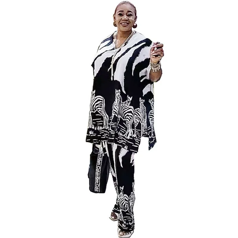 

Two Piece Set Africa Clothes African New Dashiki Fashion Flower Print Suit Top Trousers Super Elastic Party For Women Outfits