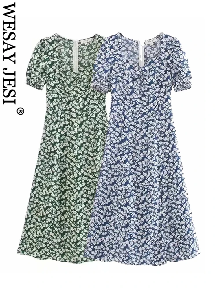 

WESAY JESI Summer Fashion Print Floral Women Long Dress Puff Short Sleeve Square Neck Tube Top Side Split Beach Daily Clothing