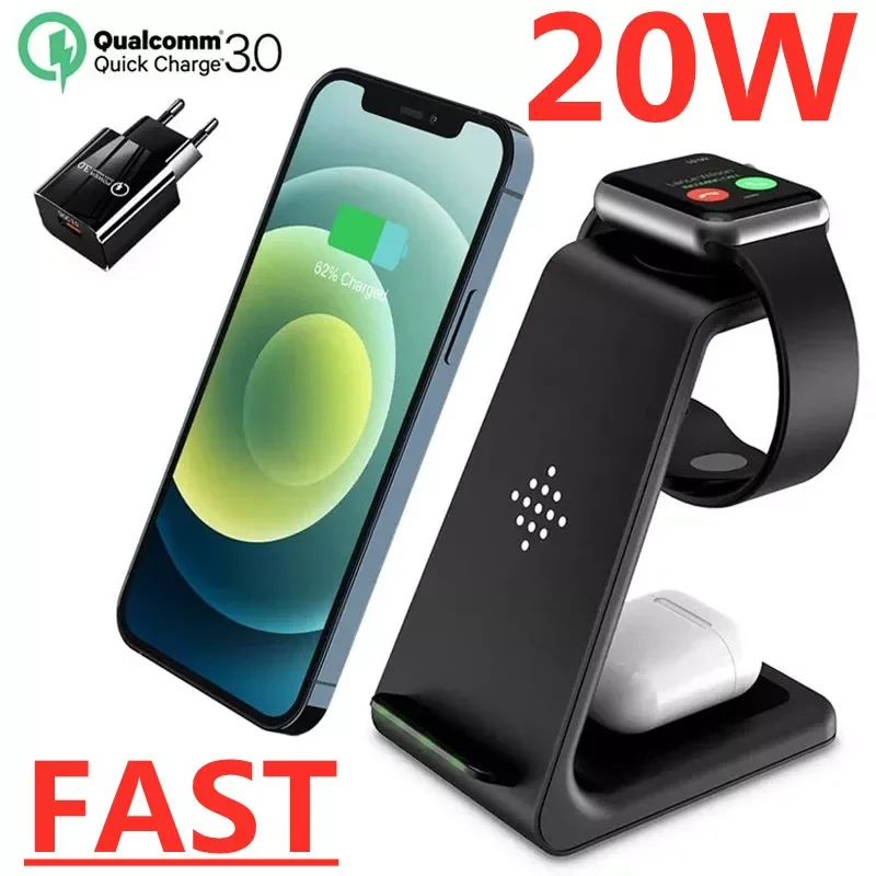 

20W Wireless Charger Stand For IPhone 13 12 11 Apple Watch Samsung 3 In 1 Qi Fast Charging Dock Station for Airpods Pro IWatch 6