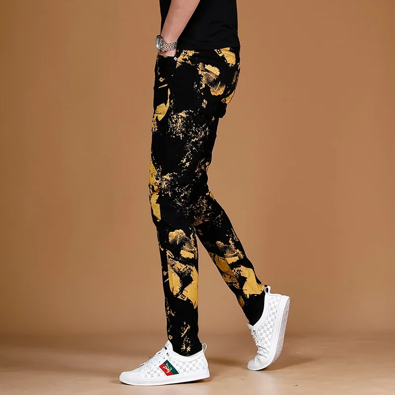 Black Jeans Men Summer Fashion Golden Printed Pants Streetwear Casual Straight Slim Fit Denim Trousers