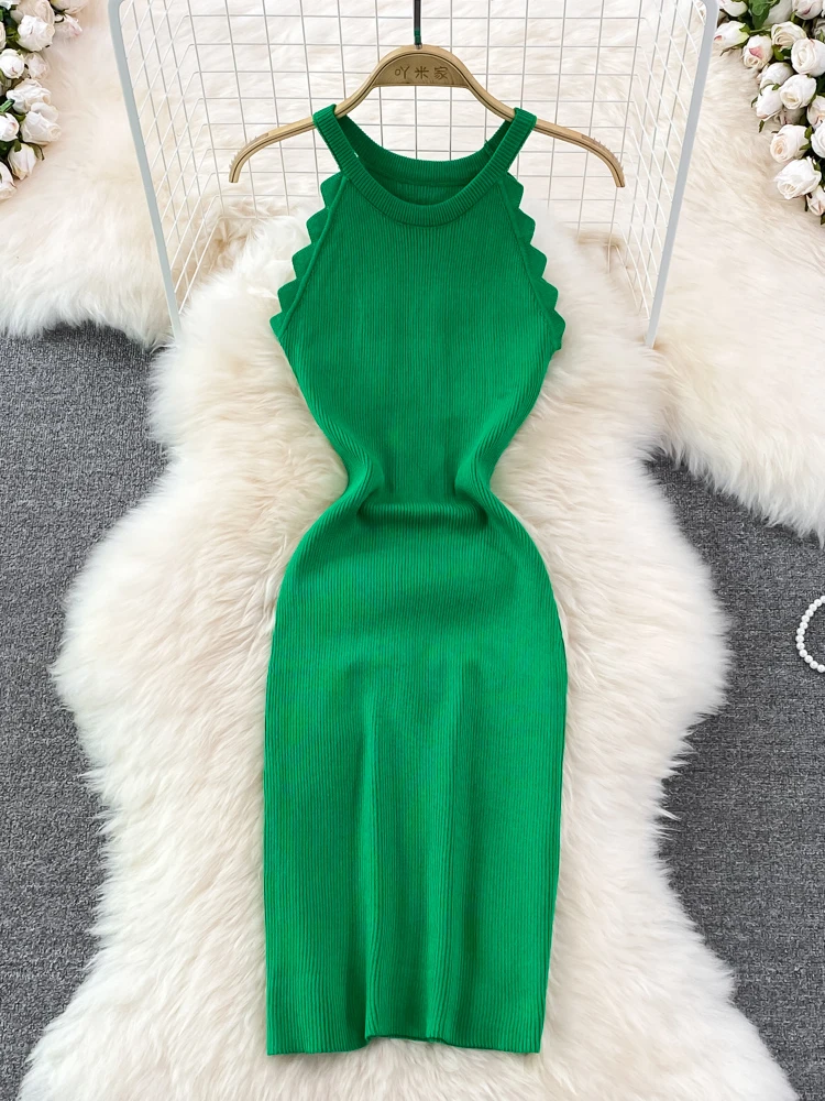 

Nomikuma Women's Dress Summer Halter Sleeveless Slim Bodycon Simple Knitted Ropa Mujer Elegant Retro Fashion Sexy Robe Femme