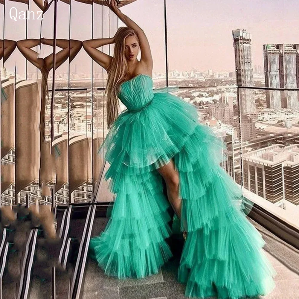 

Qanz High Low Tulle Prom Dress Ruffles Ball Gown Frill-Layered Evening Dress Saudi Arabia Strapless Evening Party Gowns 2023