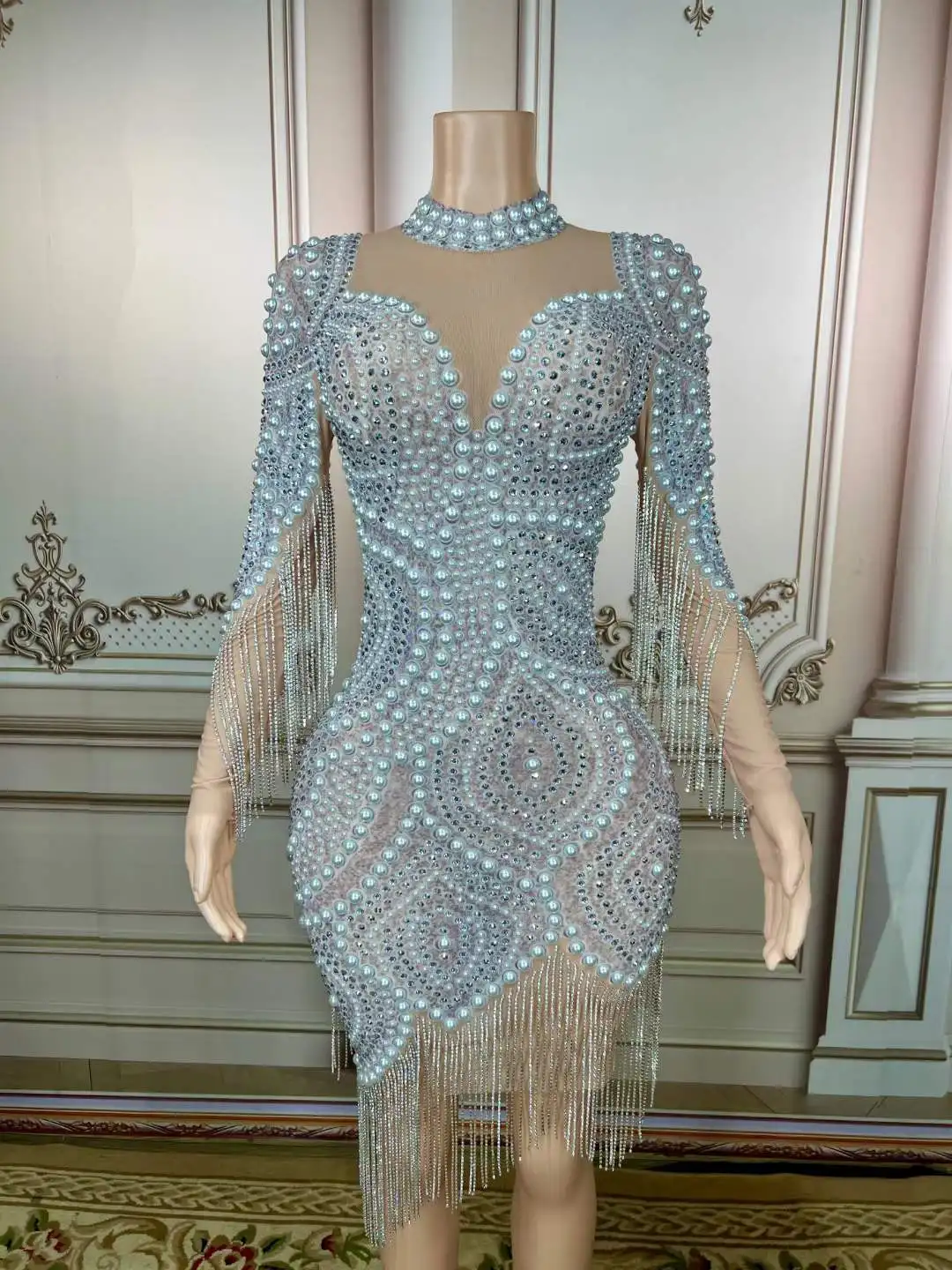 

Birthday Beaded Mini Dress Women Party Evening Prom Drag Queen Outfits Dancer See Through Sheer Halter Neck Stunning Gogo Show