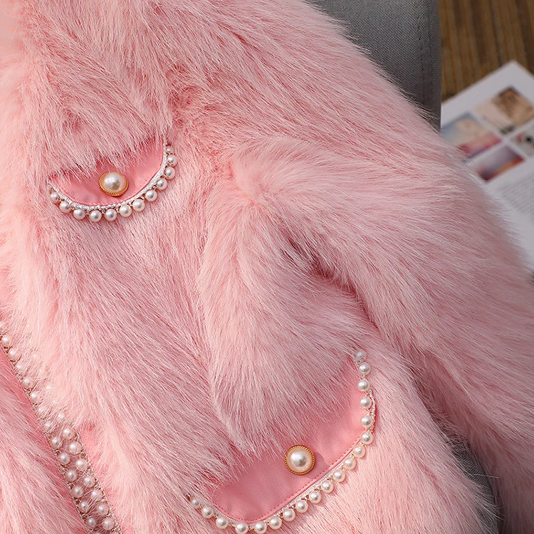 Winter Clothes Women Young Pearls Fur Fluffy Jacket 2022 New Classic Style Women's Fashion Heavy Pink Beads Furry Short Coat