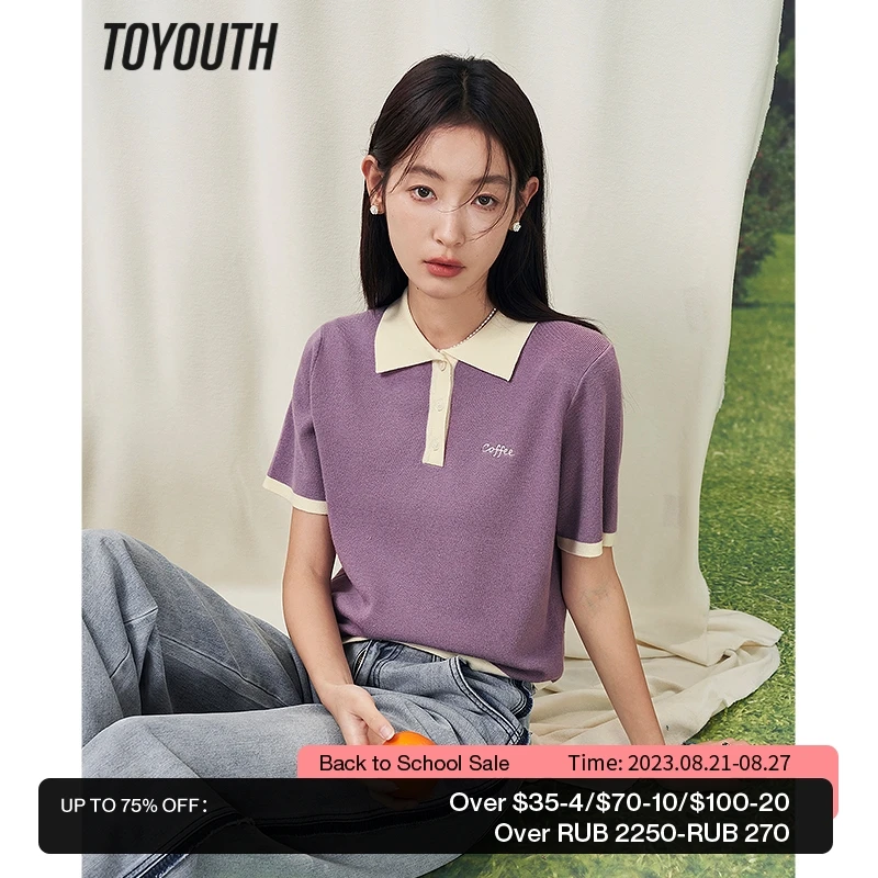 

Toyouth Women T-shirt 2023 Summer Short Sleeve Polo Neck with Buttons Slim Short Knitwear Contrast Color Casual Chic Tops