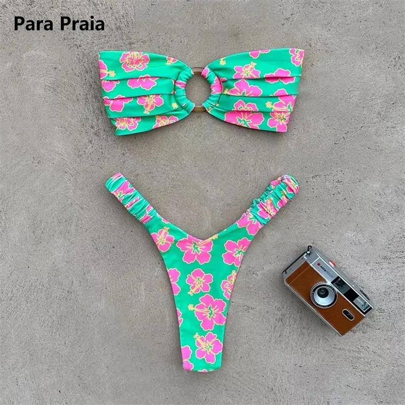 

Para Praia Print Bandeau Swimsuit 2023 Sexy Thong Swimwear Women Brazilian Bikini Set Strapless Biquini Beachwear Bathing Suit