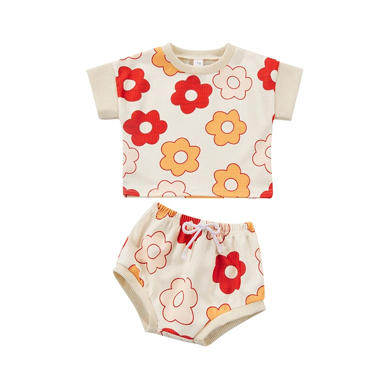 

2Pcs Baby Girls Outfit Toddler Summer Creative Flower Printing Round Collar Short Sleeve Tops + Elastic Waist Shorts Set