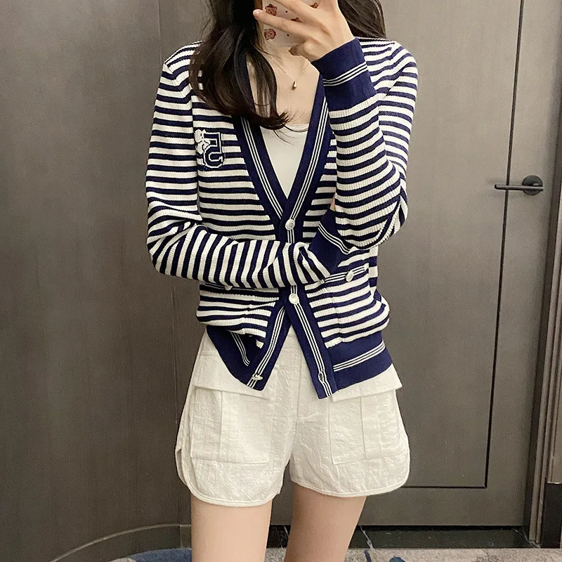 High Quality Striped Knitted Cardigan Women's 23 Early Spring New Style Temperament Celebrity Versatile Elastic Underlay Sweater