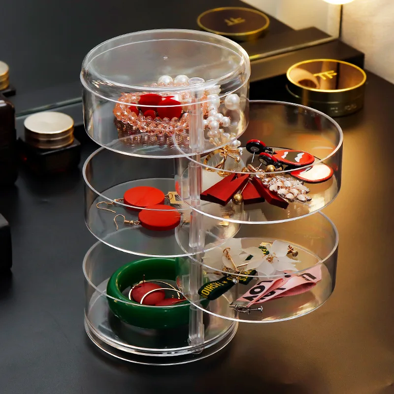 

Jewelry Storage Box Makeup Organizer Storage Rack Bracelet Earrings Watch Rotating Plastic Storage Box Display Rack with Cover