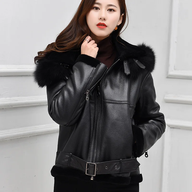 

Genuine Leather Jacket Natural Sheep Shearling Fur Coat Winter Jacket Women Fox Fur Collar 100% Real Sheepskin Coat2023