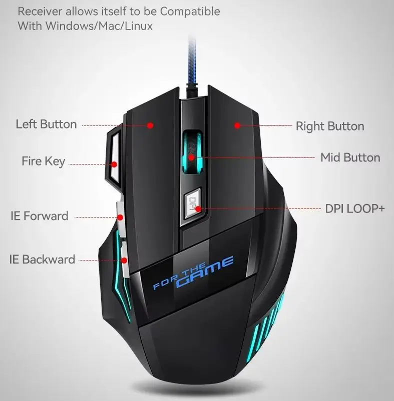 Фото Проводная USB-мышь для игр с эргономичным дизайном, RGB-подсветкой, 7 кнопками, регулируемым DPI, для геймеров, ПК, ноутбуков и компьютеров. №1