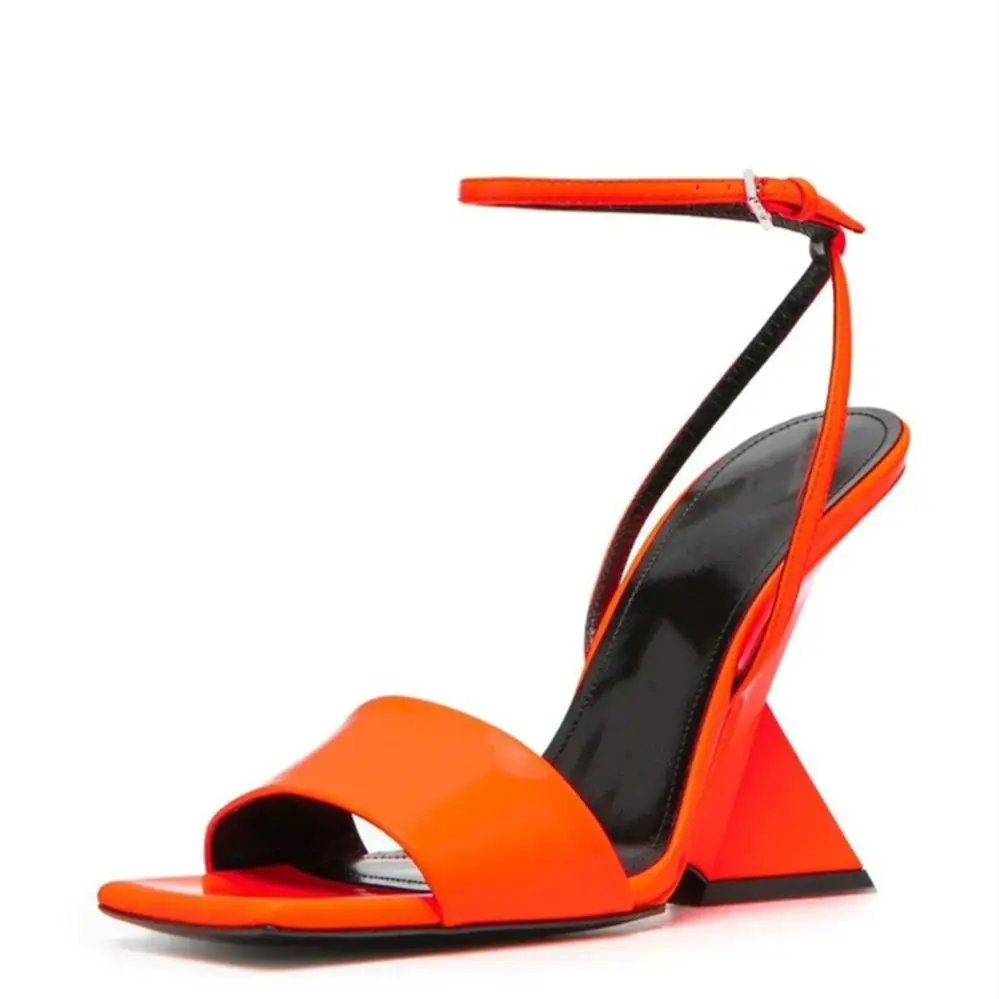 Women New Strange Style Thick High Heels Buckle Strap Sandals Open-Toes Silks Satins One Word Belt  Ankle Strap Square Toe Shoes