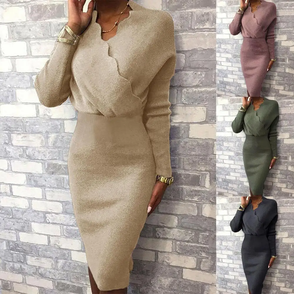 

Dress Bodycon Party Dress Solid Color Women Long Sleeve Autumn Lace V Neck Knee-length Party Dress