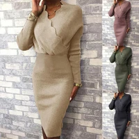 dress bodycon party dress solid color women long sleeve autumn lace v neck knee length party dress