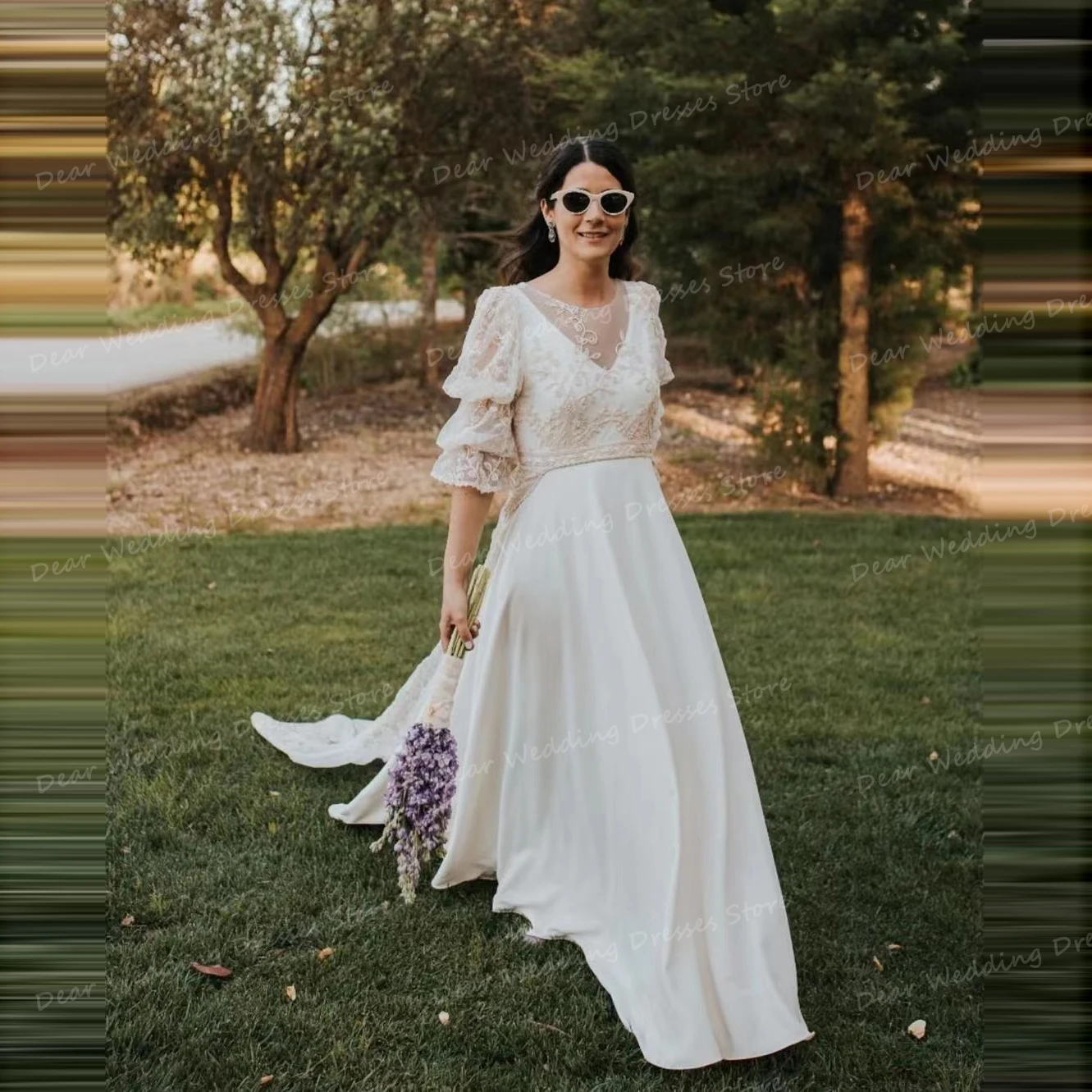 Женское ТРАПЕЦИЕВИДНОЕ свадебное платье элегантное с аппликацией и V-образным