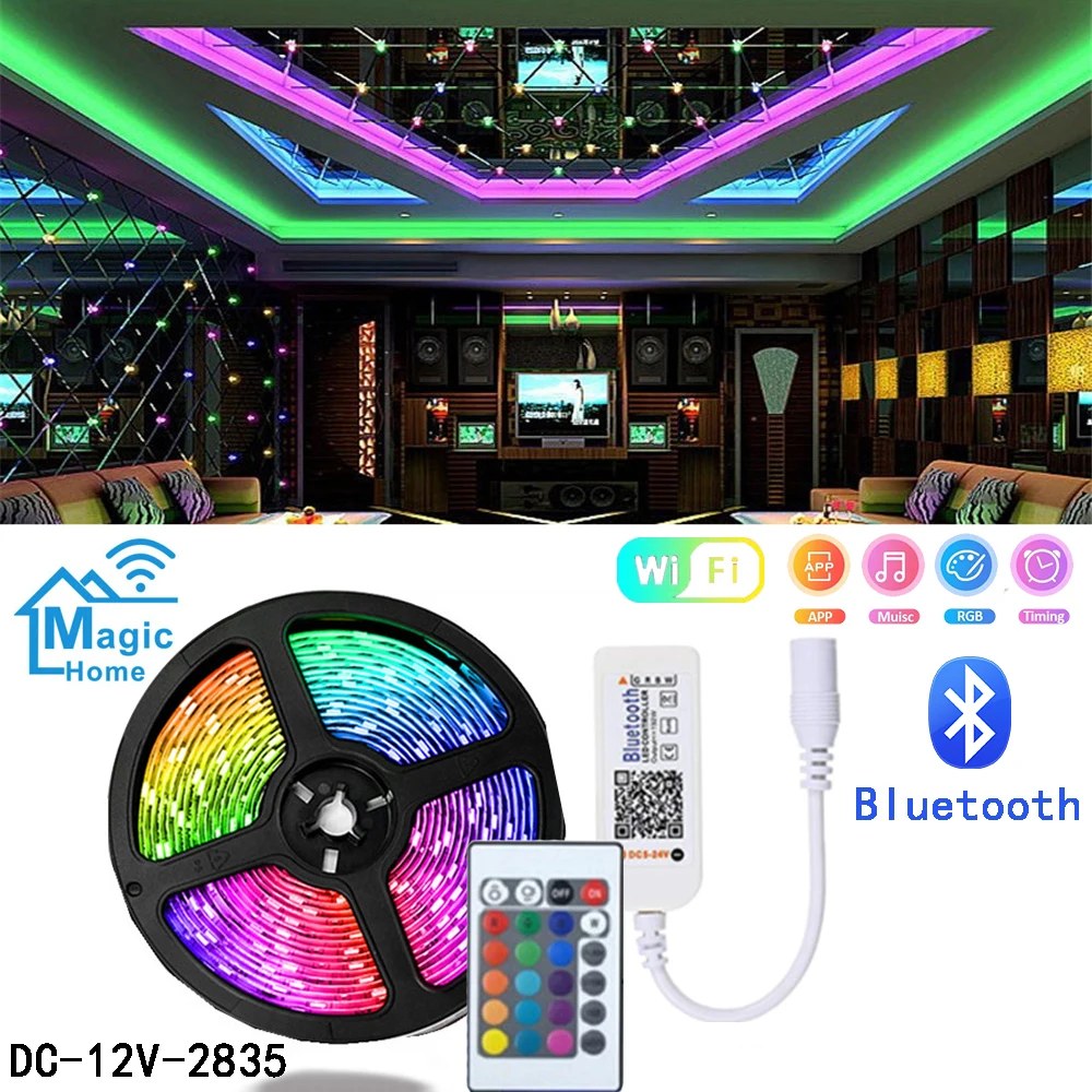 2835 SMD LED 5M 10M 15M RGB Light Strip Soft Waterproof Tape DC 12V IR24 Button Bluetooth WIFI Control Interior Decoration