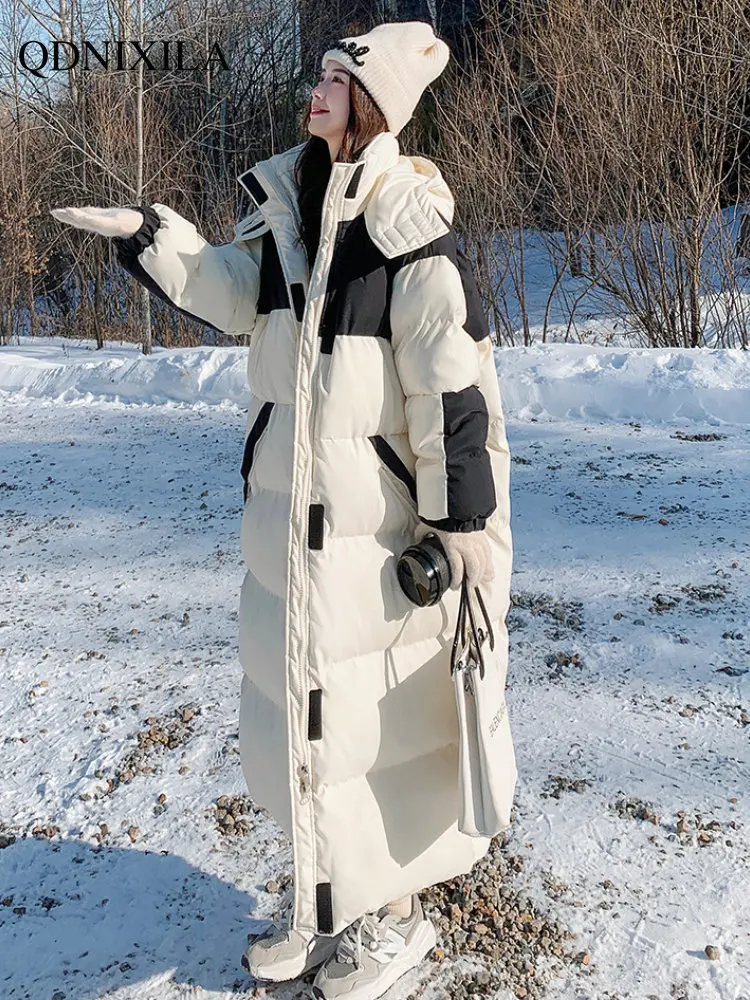 

Black and White Winter Long Over Knee Winter Clothes Women Loose Thickened Down Cotton Padded Jacket Warm Clothes for Women