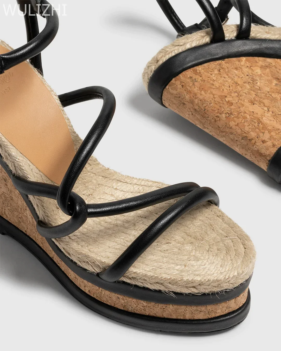 Wood Pattern Black Cross Strap Wedge Sandals Ladies Sexy Open Heel Slingback Buckle Design Round Toe Low Platform Gladiator Shoe