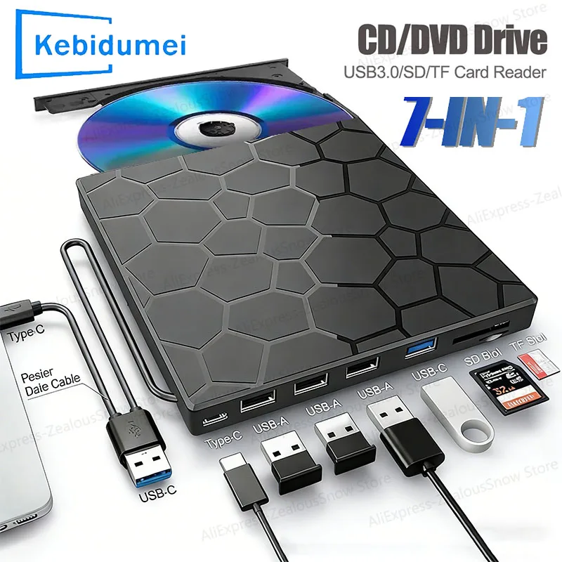 Фото Портативный DVD-плеер 7 в 1, внешний привод для компакт-дисков/DVD RW, USB 3.0, тип C, записывающее устройство для компакт-дисков, внешний привод для настольных ПК Mac, Windows Linux №2