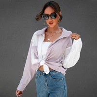 patchwork striped tshirts women lapel casual commute tops autumn winter contrast color tees fashion elegant streetwear clothing