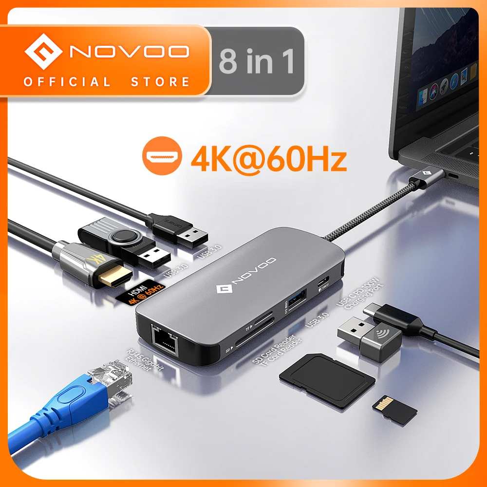 

NOVOO 8-в-1 4K 60Hz USB-C HUB Type C to HDMI-совместимый концентратор 5Gbps USB 3.0 RJ45 PD 100W SD/TF слоты адаптер для MacBook Pro Air
