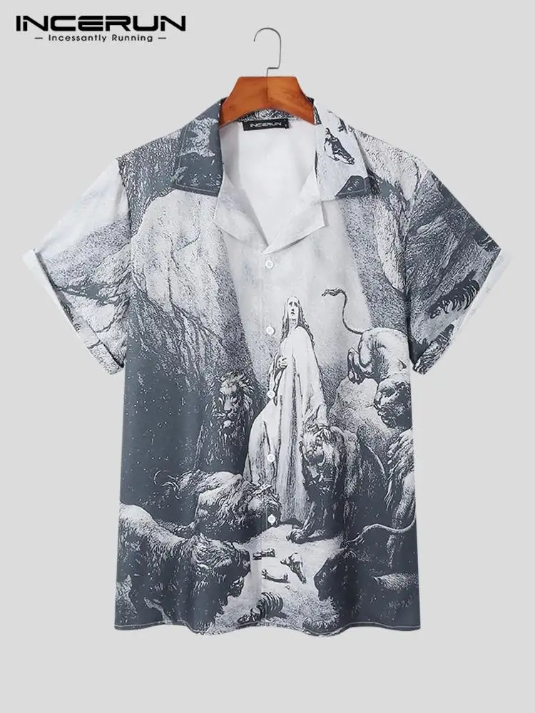 

Рубашка INCERUN мужская с принтом, уличная одежда с отложным воротником и короткими рукавами, свободная повседневная одежда для мужчин, лето 2022
