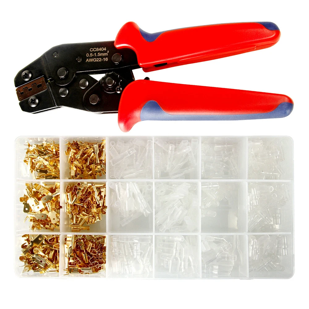 

Wire Terminal Crimping Tool Kit, Ratcheting Wire Crimper AWG 22-16(0.5-1.5mm²) With 300PCS Female Male Spade Connectors