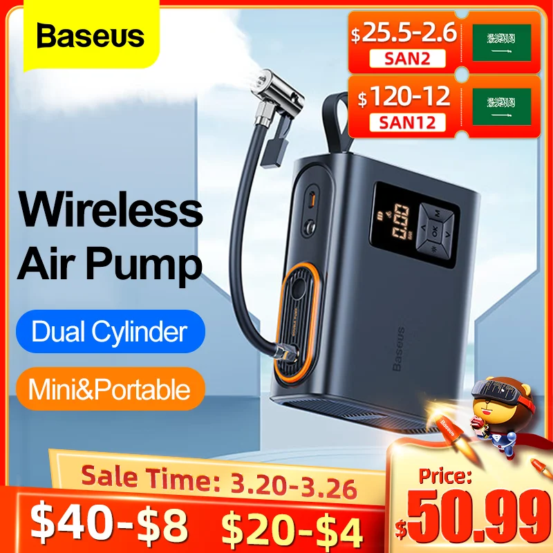 Baseus Wireless Air Compressor Inflatable Pump Dual Cylinder Electric Tire Inflator For Car Motorcycle Bicycle Tyre Air Pump