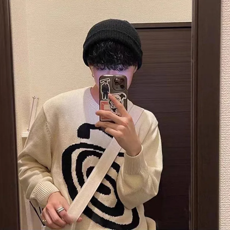 Фото Y2k Millennium Wind Mosquito Coil Pattern Printed Pattern Round Neck Loose Sweater Street Style Knitted Sweater Top For Women №3