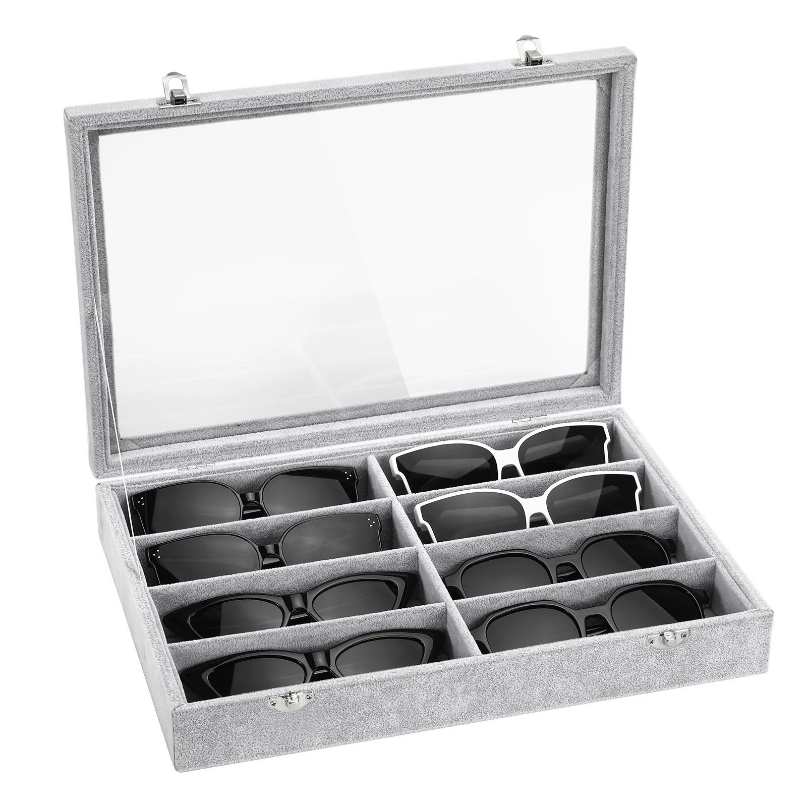 

Glasses Organizer Jewelry Tray,8 Grids with Clear Lid Velvet Tray Watch Storage Stackable Jewelry Showcase Display Storage