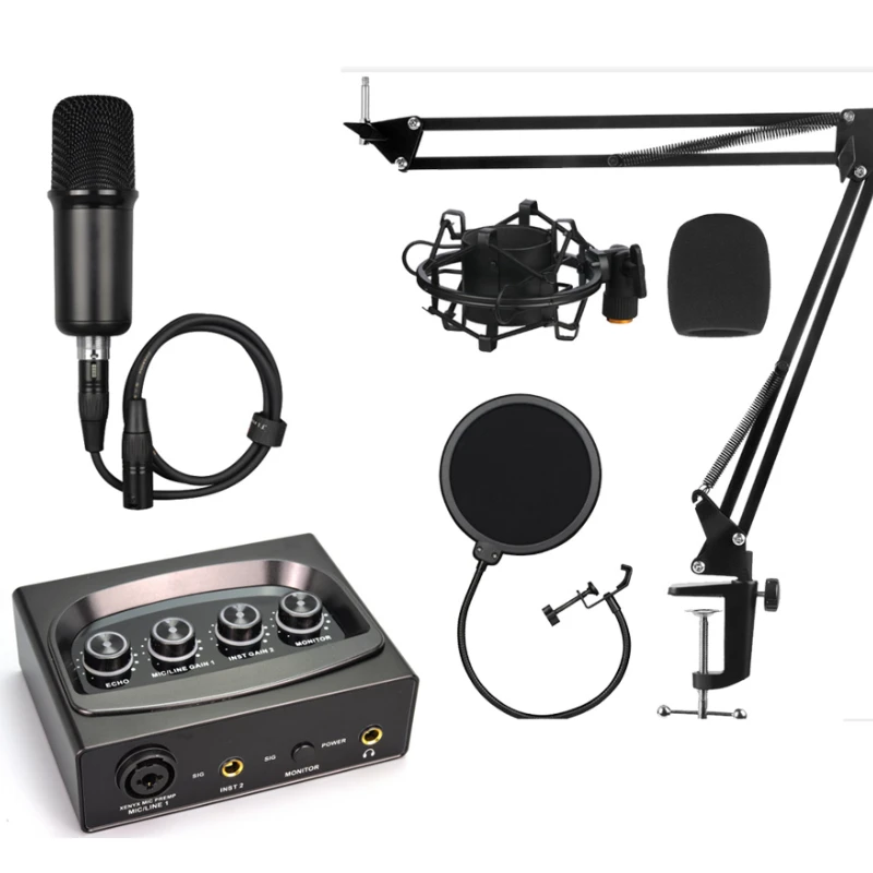 

Studio recording instrument use sound card mixer audio interface with microphone set
