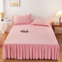 pink lace lotus leaf lace bed skirts princess style solid color bedspread bed cover non slip sheets without pillowcase bed skirt