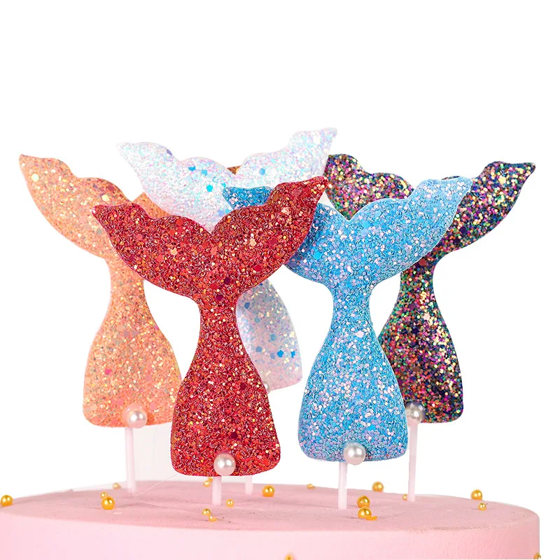 

5Pcs Arrival Under The Sea Wedding Party Bridal Shower Birthday Cake Flag Decor Colorful Sequins Mermaid Tail For Cupcake Topper