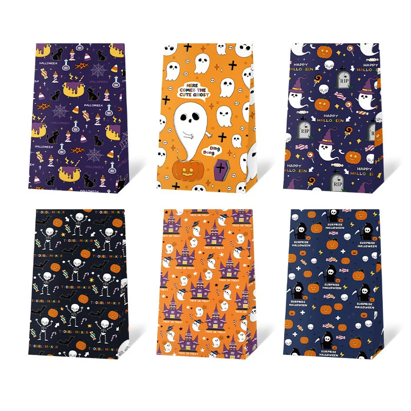 

6Pcs Halloween Paper Candy Bags Pumpkin Pattern Cookies Snack Gift Packaging Bag Trick or Treat Kids Favors Party Decor Supplies