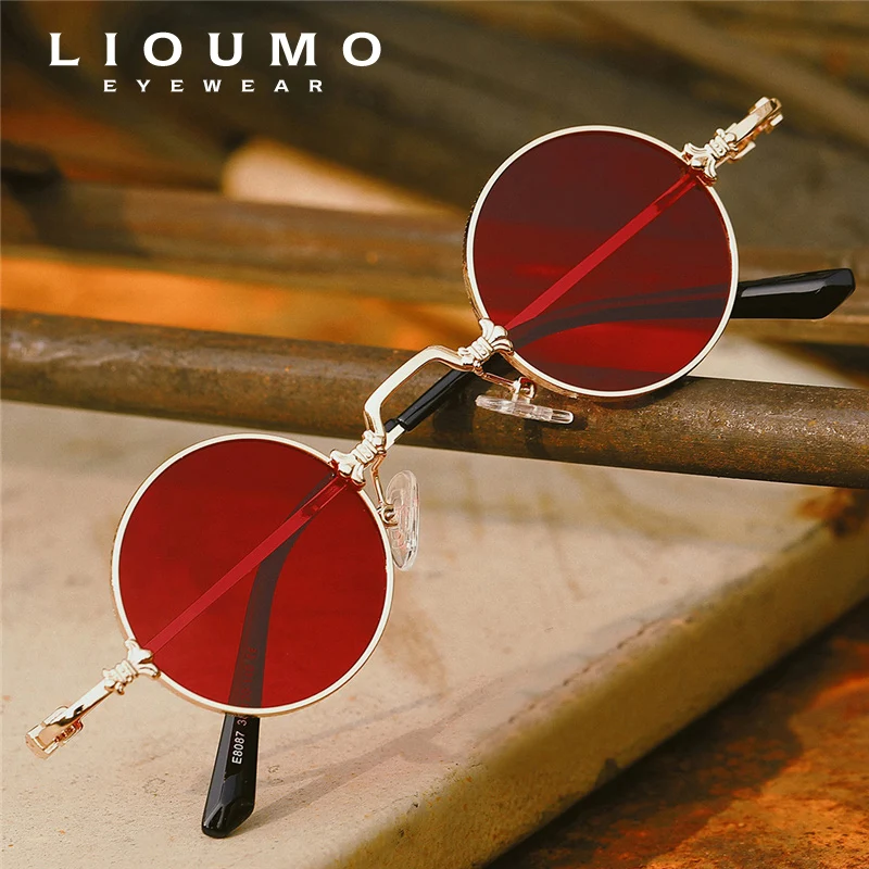 Солнцезащитные очки LIOUMO в стиле стимпанк для мужчин и женщин, винтажные брендовые дизайнерские очки в круглой металлической оправе, с защит...
