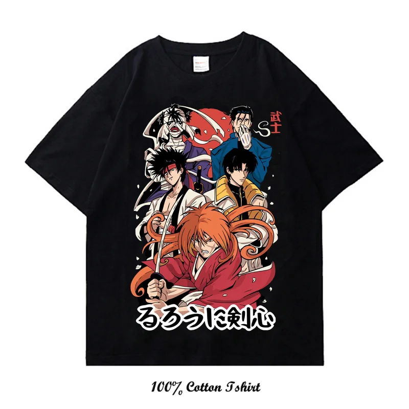 Rurouni kenshin Anime Graphic T Shirt Men Harajuku Hip Hop Vintage Washed Tshirts for Men Oversize Cotton Streetwear T-shirt