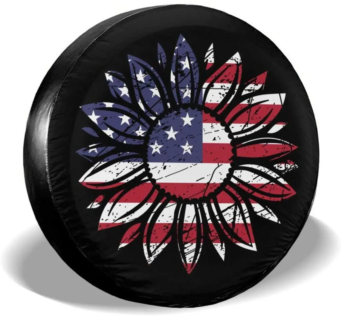 

American Flag Sunflower Flower Spare Tire Cover Waterproof Dust-Proof UV Sun Wheel Tire Cover Fit for Jeep,Trailer, RV, SUV and