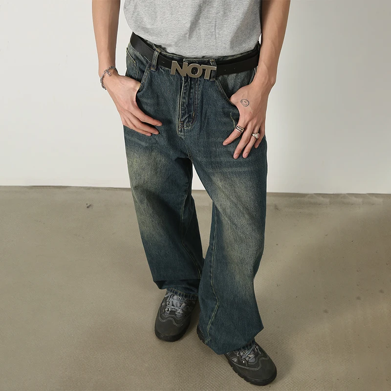 HOUZHOU Distressed Jeans Men Wide Leg Denim Trousers Male Loose Casual Pants Side Stripe Streetwear Hip Hop Men Clothing